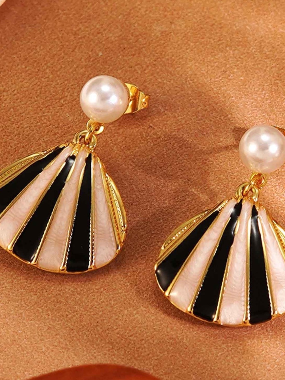 Gold Pearl Drop Earrings with Black and Cream Enamel